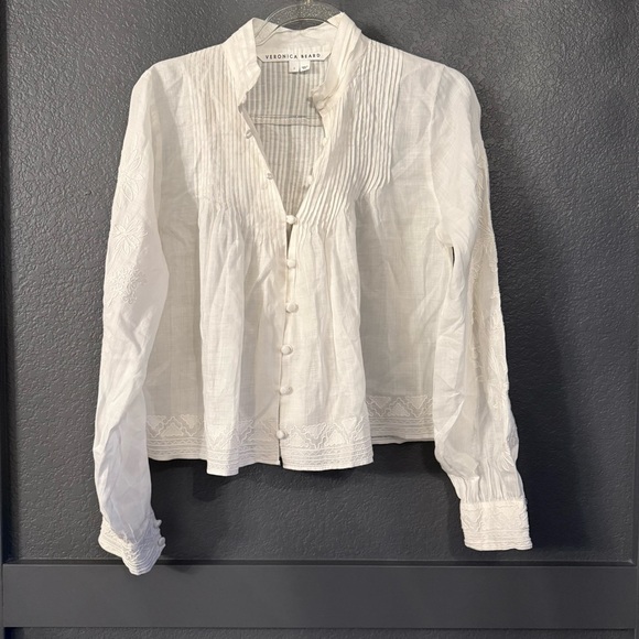 VERONICA BEARD • Amandine High Neck Pleated Floral Embroidered Top White - Picture 4 of 9